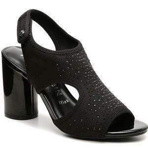 Anne Klein Rebekah Black Studded Sandals Sz 9, Cylinder Heel, Fabric